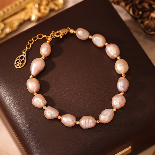 JINGGWW Baroque Freshwater Pearl Bracelet - Irregular Pink Pearls with 14K Gold Plated Accents
