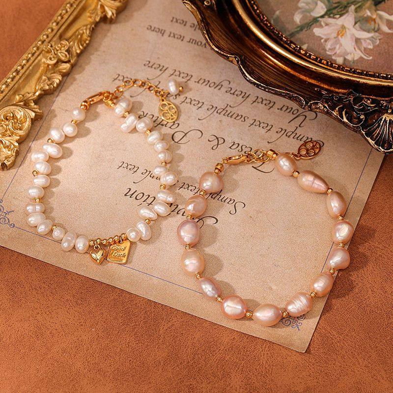 JINGGWW Baroque Freshwater Pearl Bracelet - Irregular Pink Pearls with 14K Gold Plated Accents