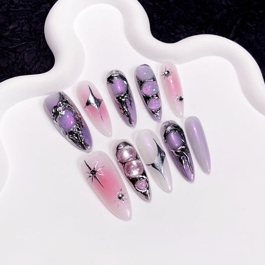 JINGGWW Futuristic Pink Purple Metallic Press-On Nails - 10pcs