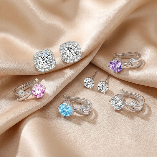 JINGGWW 8Pcs Cubic Zirconia Earrings Set | Hypoallergenic Sterling Silver, Clip-on & Stud