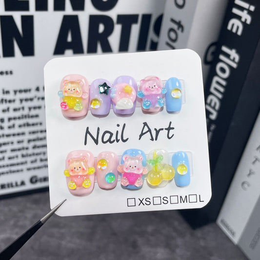 JINGGWW Cute Bear Themed Press On Nails - Pastel Colorful Design with 3D Elements