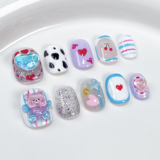 JINGGWW Artisan Press-On Nails | Kawaii Heart/Cherry Accents