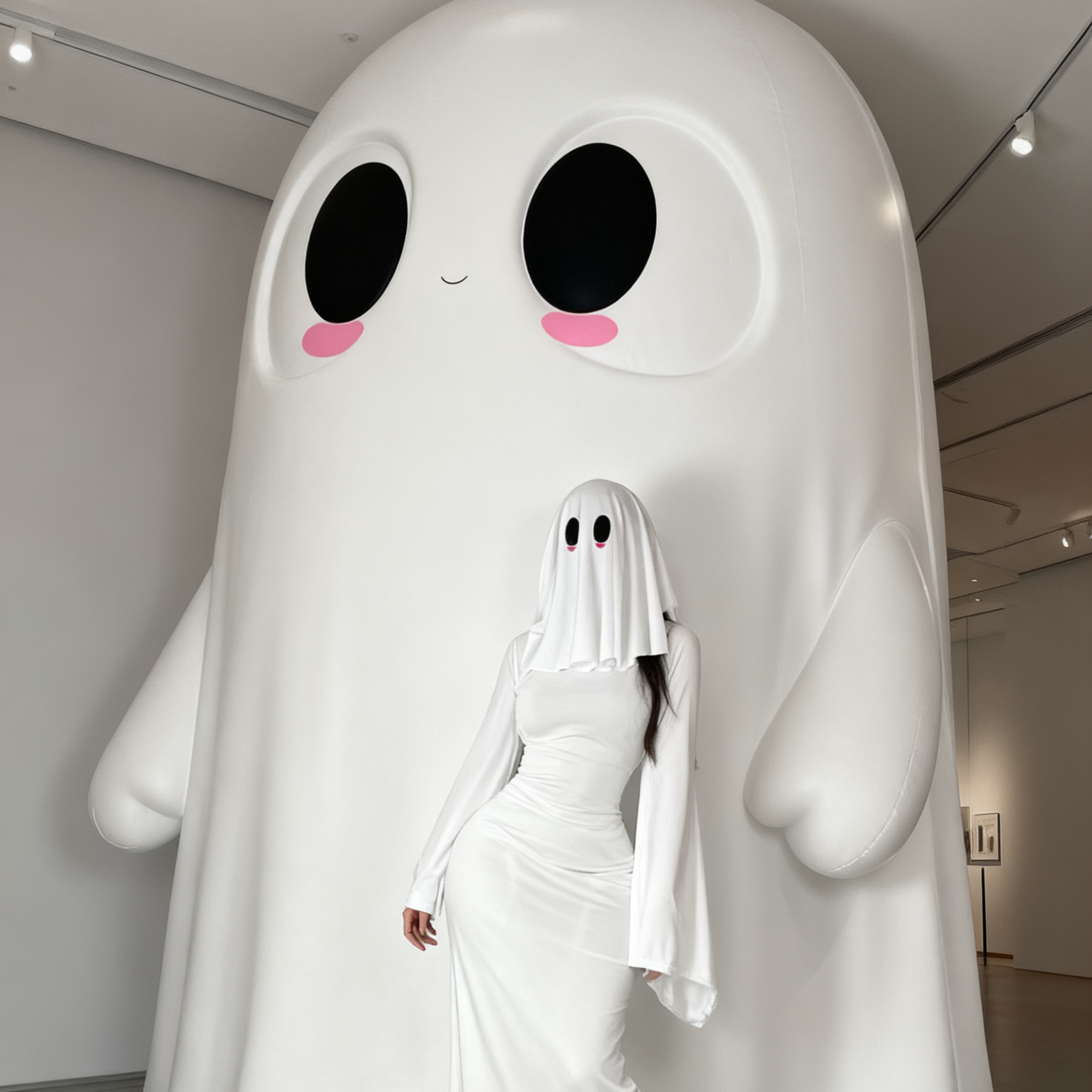 Person in a white dress standing next to a large ghost costume in an indoor setting.