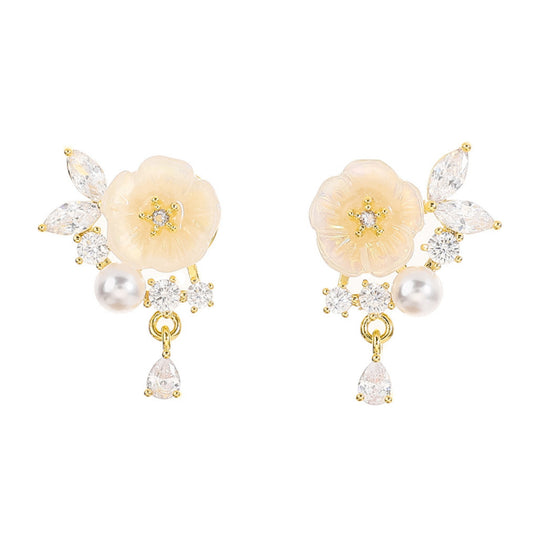 JINGGWW Enchanted Blossom Pearl Earrings - 2 Styles: Pierced or Clip-On - 14K Gold Plated Flower Design with Freshwater Pearl & Crystals