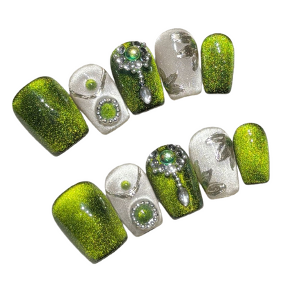 JINGGWW Short Coffin Emerald Green Silver Glitter Press On Nails - 10pcs