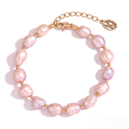JINGGWW Baroque Freshwater Pearl Bracelet - Irregular Pink Pearls with 14K Gold Plated Accents