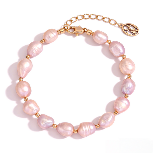 JINGGWW Baroque Freshwater Pearl Bracelet - Irregular Pink Pearls with 14K Gold Plated Accents