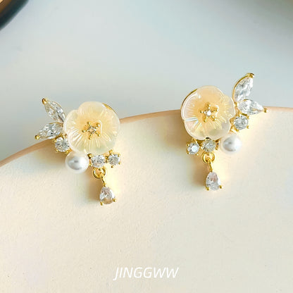JINGGWW Enchanted Blossom Pearl Earrings - 2 Styles: Pierced or Clip-On - 14K Gold Plated Flower Design with Freshwater Pearl & Crystals