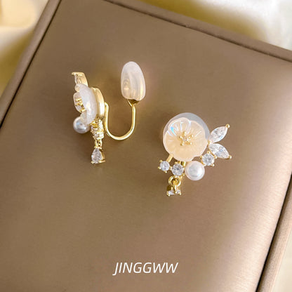 JINGGWW Enchanted Blossom Pearl Earrings - 2 Styles: Pierced or Clip-On - 14K Gold Plated Flower Design with Freshwater Pearl & Crystals