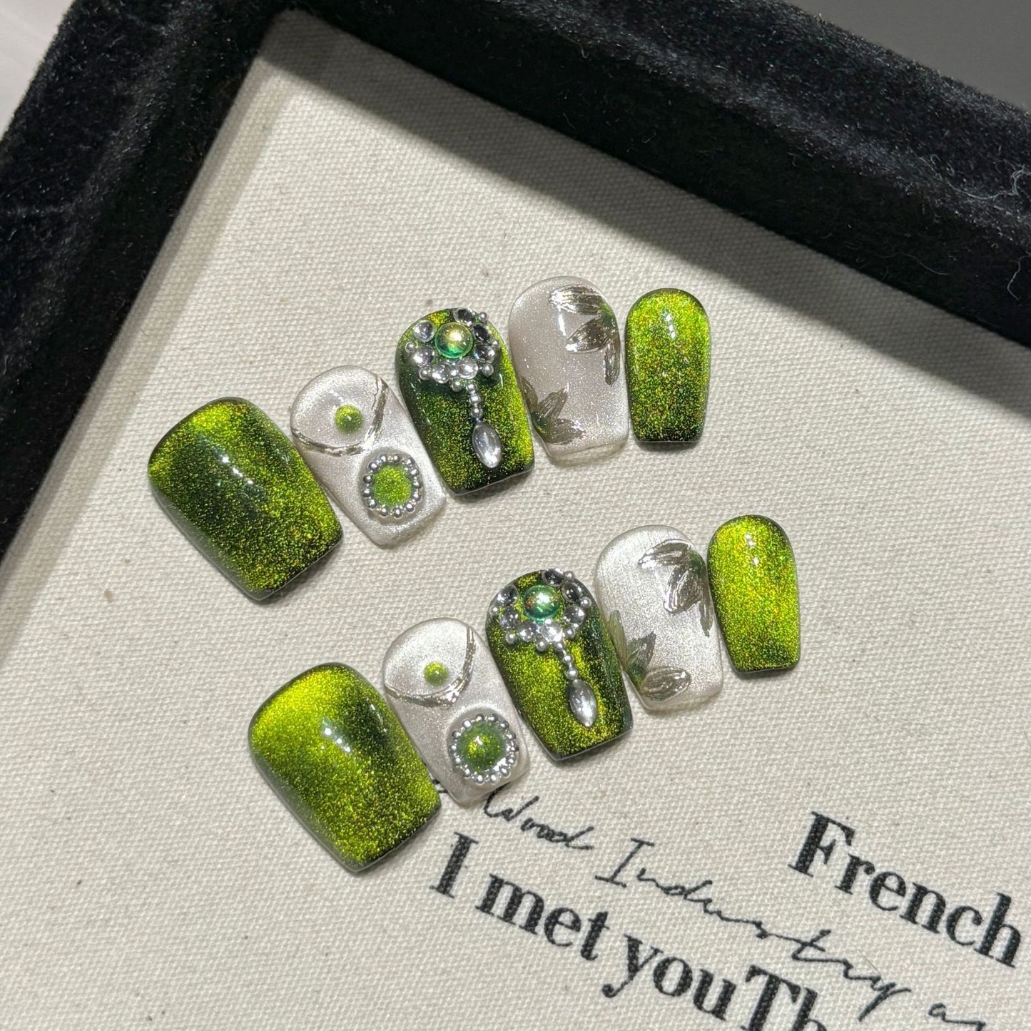 JINGGWW Short Coffin Emerald Green Silver Glitter Press On Nails - 10pcs