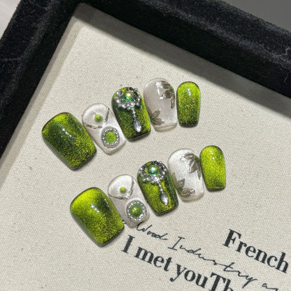 JINGGWW Short Coffin Emerald Green Silver Glitter Press On Nails - 10pcs