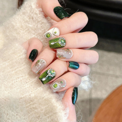 JINGGWW Short Coffin Emerald Green Silver Glitter Press On Nails - 10pcs