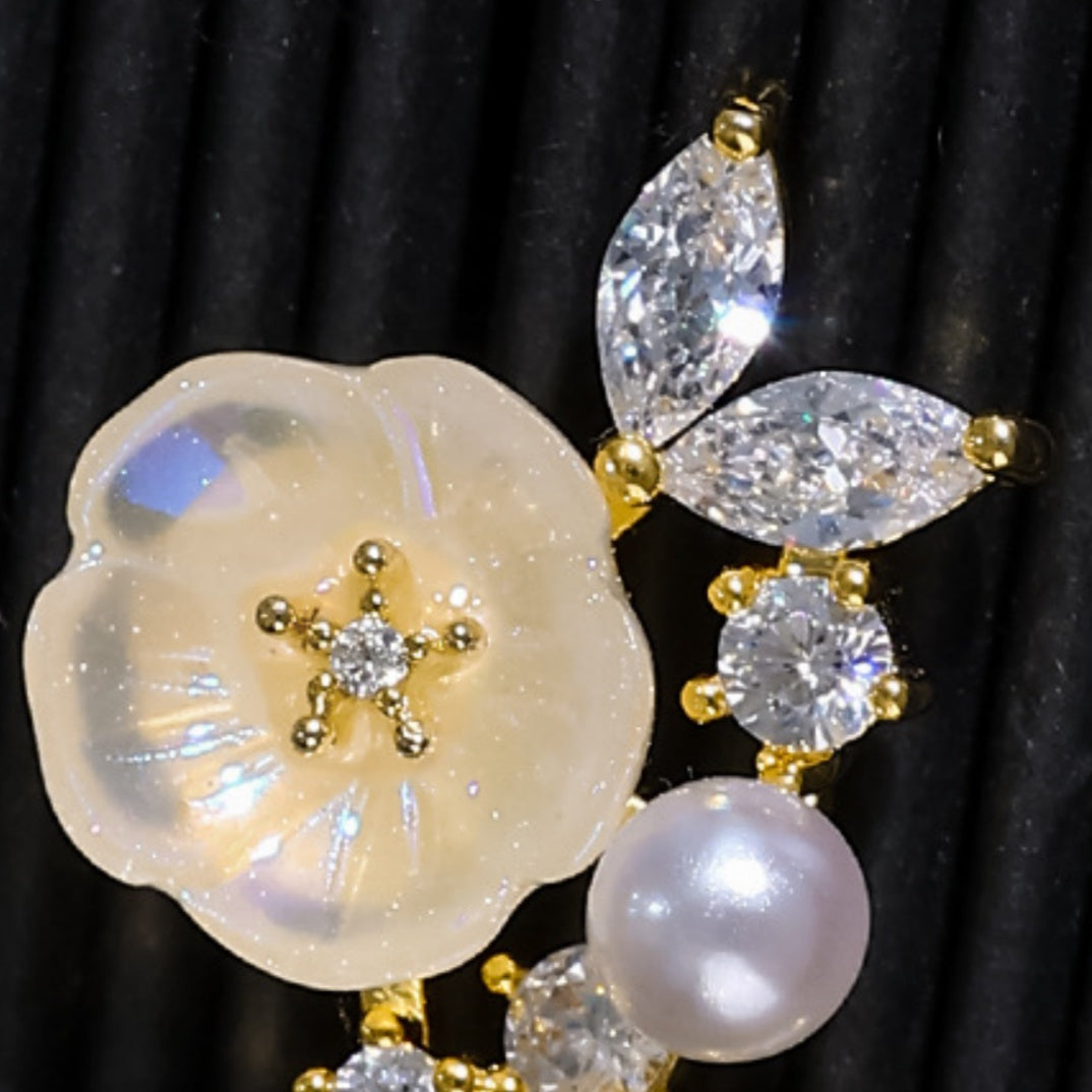JINGGWW Enchanted Blossom Pearl Earrings - 2 Styles: Pierced or Clip-On - 14K Gold Plated Flower Design with Freshwater Pearl & Crystals