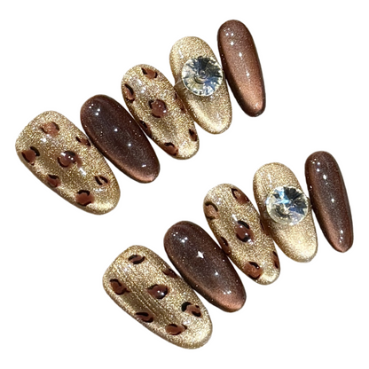 JINGGWW Medium Oval Brown Gold Leopard Print Press On Nails - 10pcs