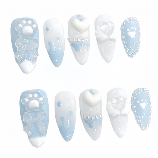 JINGGWW Baby Blue White Bear Paw Press On Nails