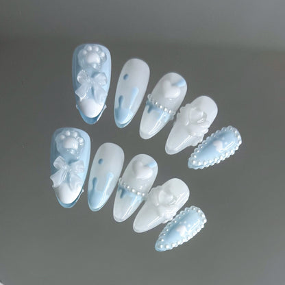 JINGGWW Baby Blue White Bear Paw Press On Nails