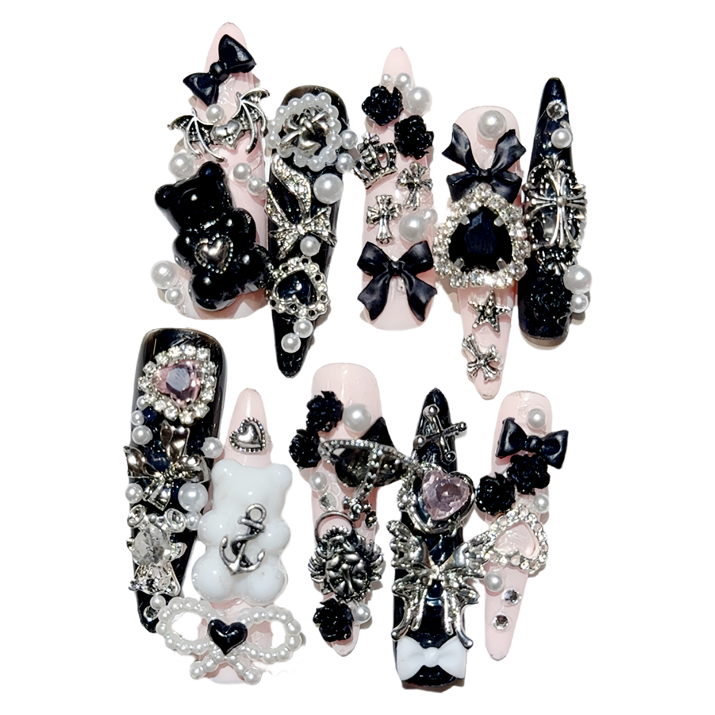 JINGGWW Black Pink White Luxury Press On Nails - 10pcs
