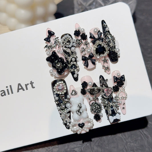 JINGGWW Black Pink White Luxury Press On Nails - 10pcs