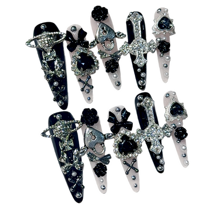 JINGGWW Long Stiletto Press On Nails | Luxury Gothic Diamond Cross & Black Rose - 10Pcs