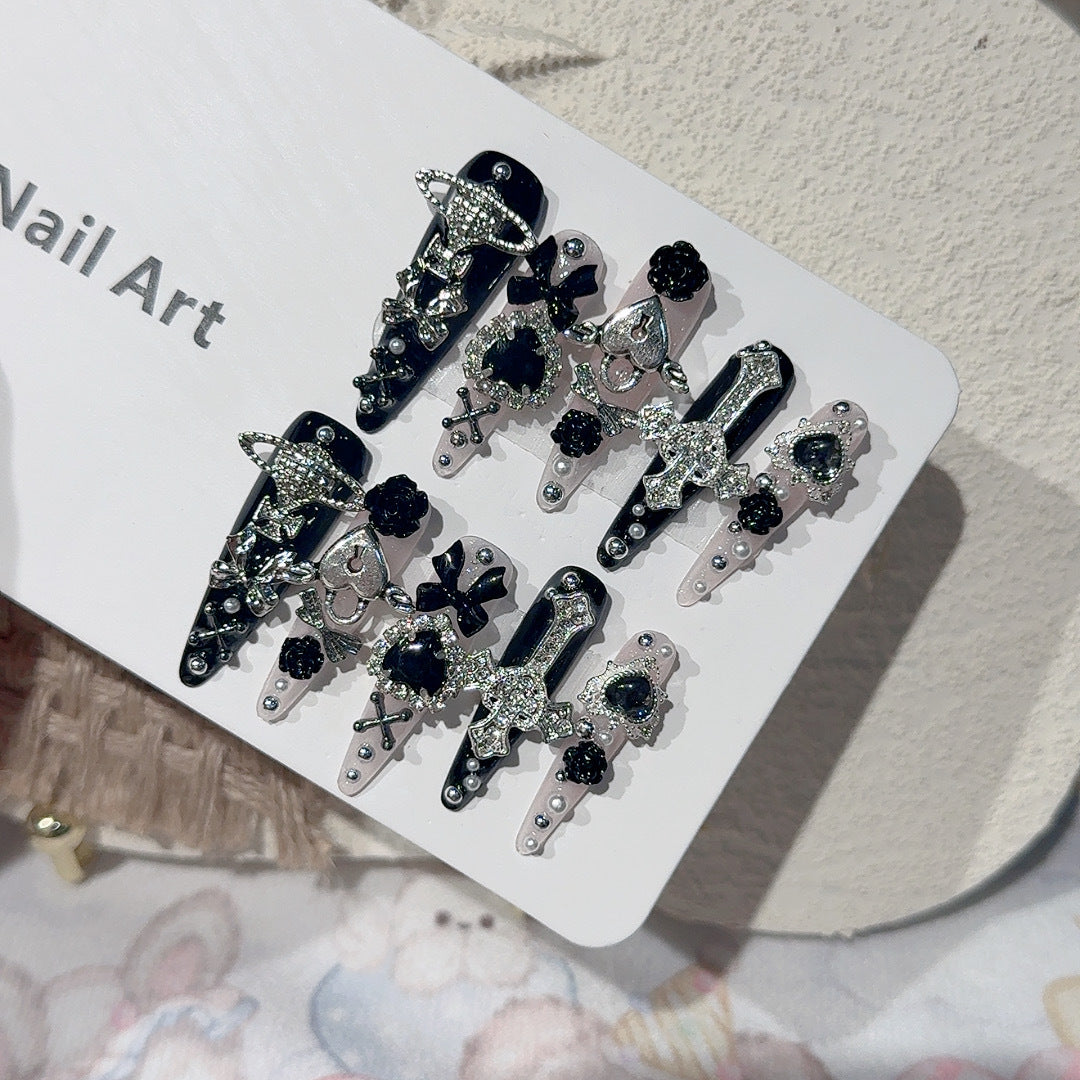 JINGGWW Long Stiletto Press On Nails | Luxury Gothic Diamond Cross & Black Rose - 10Pcs