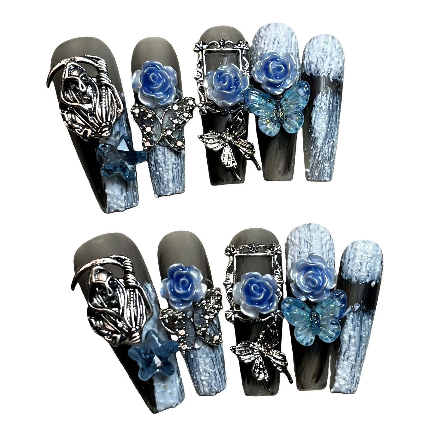 JINGGWW Blue Rose Butterfly Luxury Press-On Nails - 10pcs