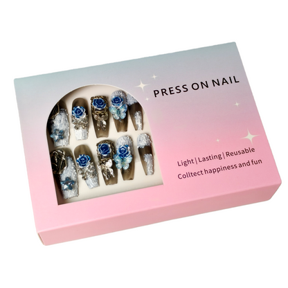 JINGGWW Blue Rose Butterfly Luxury Press-On Nails - 10pcs
