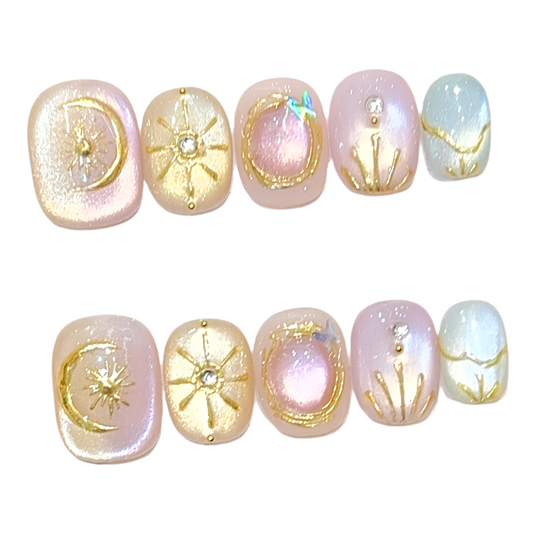 JINGGWW Celestial Dream Pink Galaxy Cat's Eye Press-On Nails - 10pcs