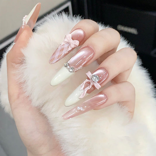 JINGGWW Sweet Bow Pink Gradient Princess Press-On Nails - 10pcs