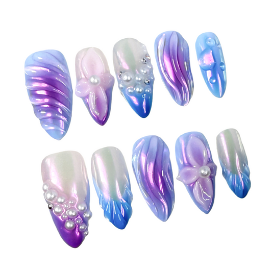 JINGGWW Mermaid Shell Blue Purple Iridescent Press-On Nails - 10pcs