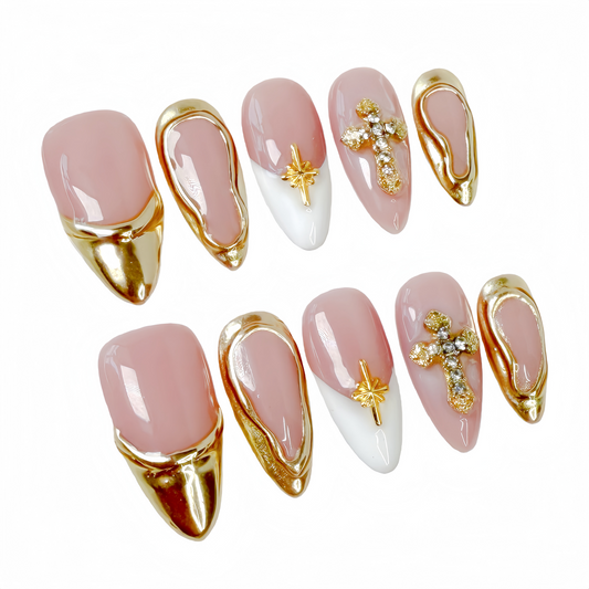 JINGGWW Elegant Pink Gold Cross French Press-On Nails - 10pcs