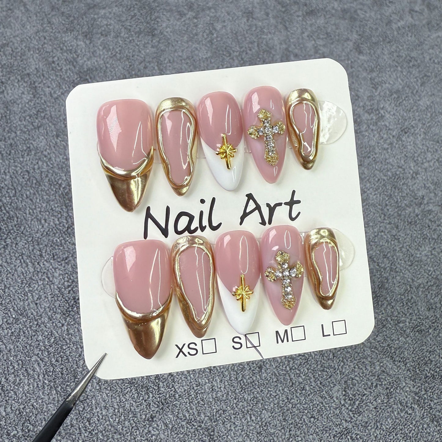 JINGGWW Elegant Pink Gold Cross French Press-On Nails - 10pcs