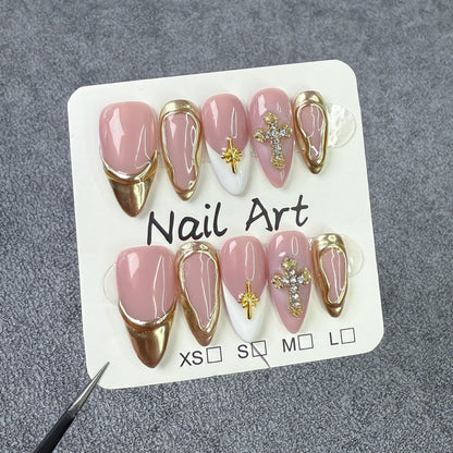 JINGGWW Elegant Pink Gold Cross French Press-On Nails - 10pcs