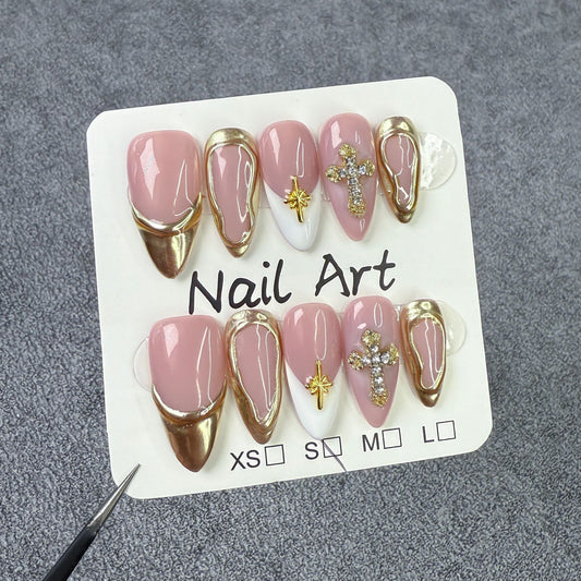 JINGGWW Elegant Pink Gold Cross French Press-On Nails - 10pcs