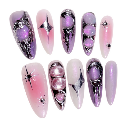 JINGGWW Futuristic Pink Purple Metallic Press-On Nails - 10pcs