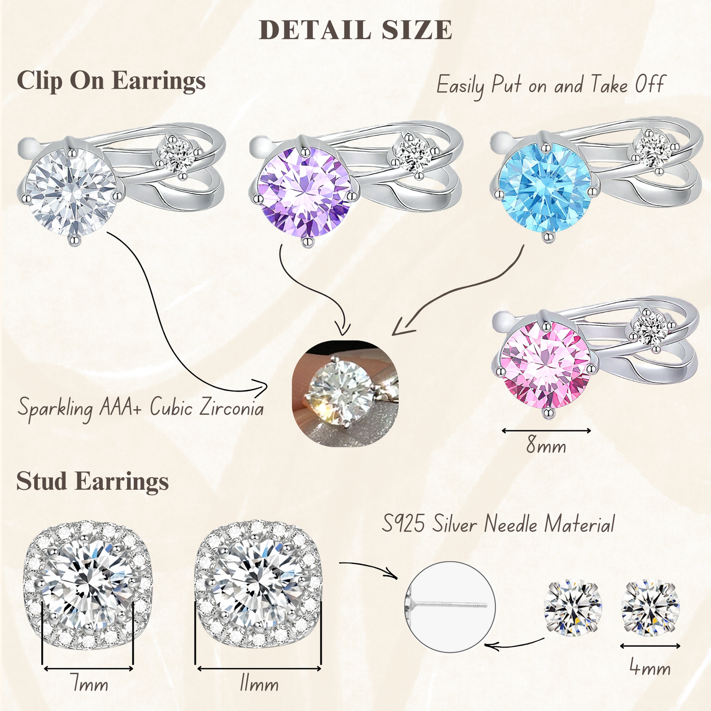 JINGGWW 8Pcs Cubic Zirconia Earrings Set | Hypoallergenic Sterling Silver, Clip-on & Stud