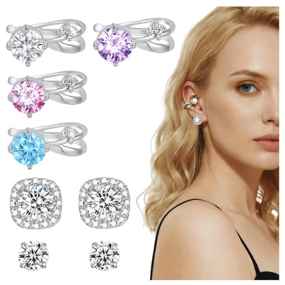 JINGGWW 8Pcs Cubic Zirconia Earrings Set | Hypoallergenic Sterling Silver, Clip-on & Stud