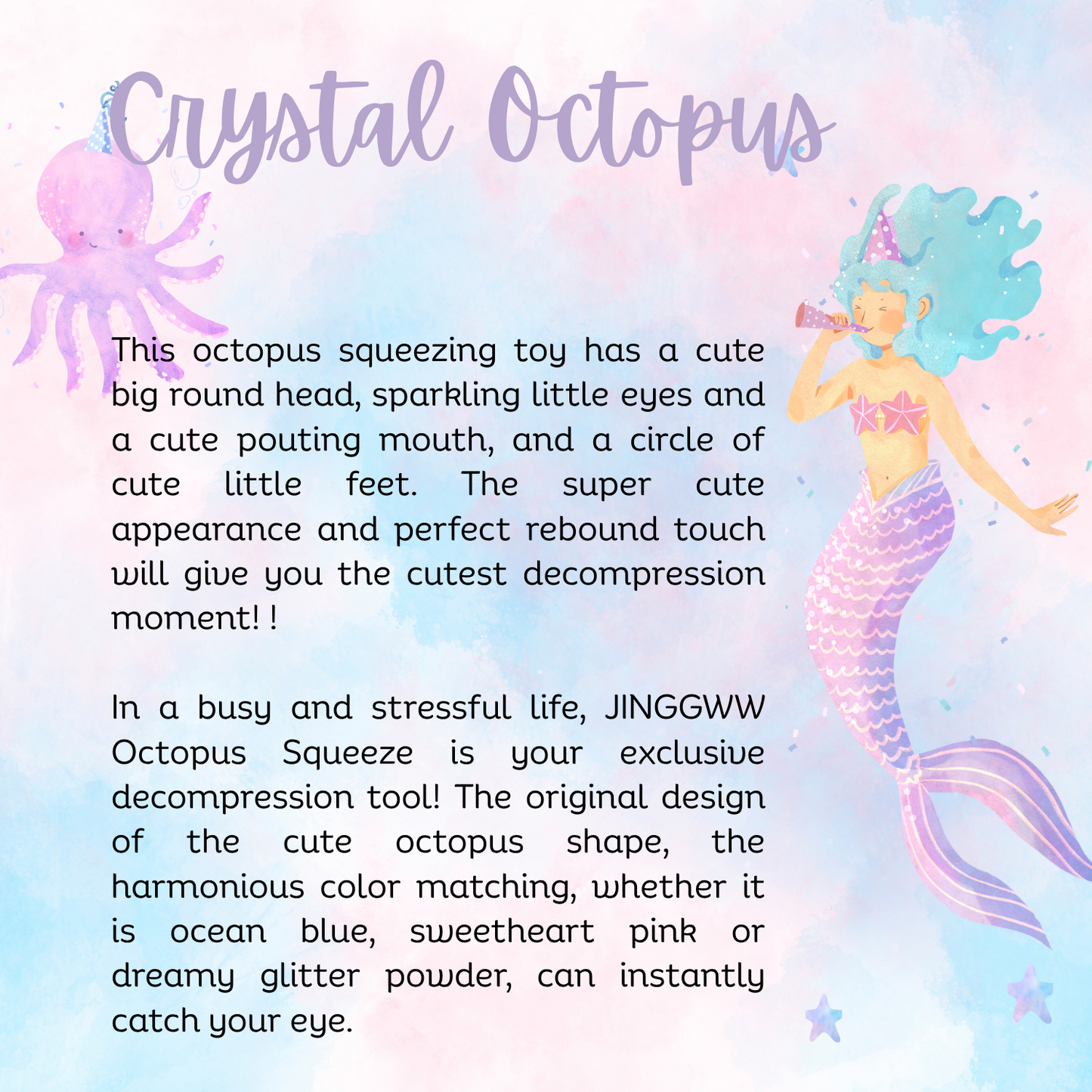 JINGGWW Crystal Octopus Taba Squishy Toy | Sparkling Fidget Sensory Toy for Stress Relief