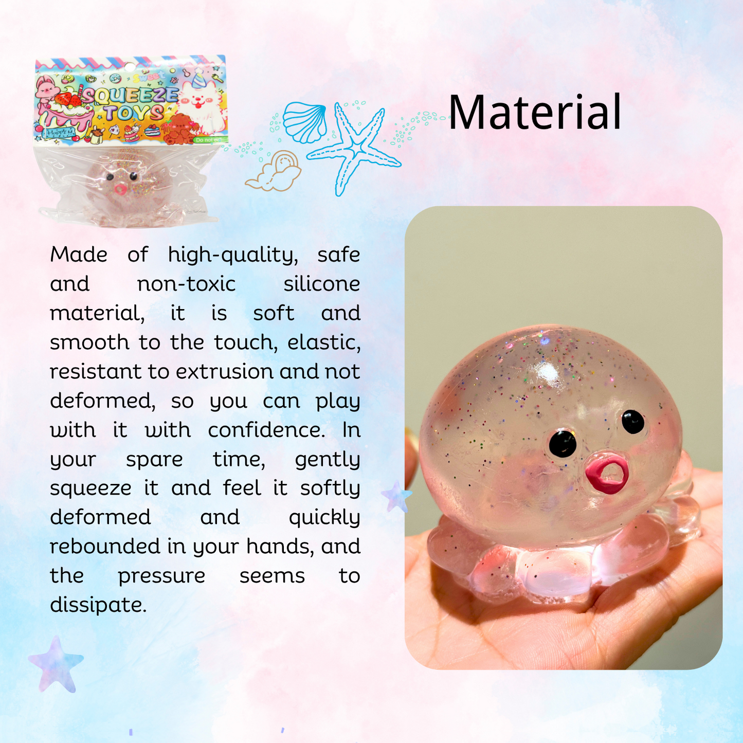 JINGGWW Crystal Octopus Taba Squishy Toy | Sparkling Fidget Sensory Toy for Stress Relief