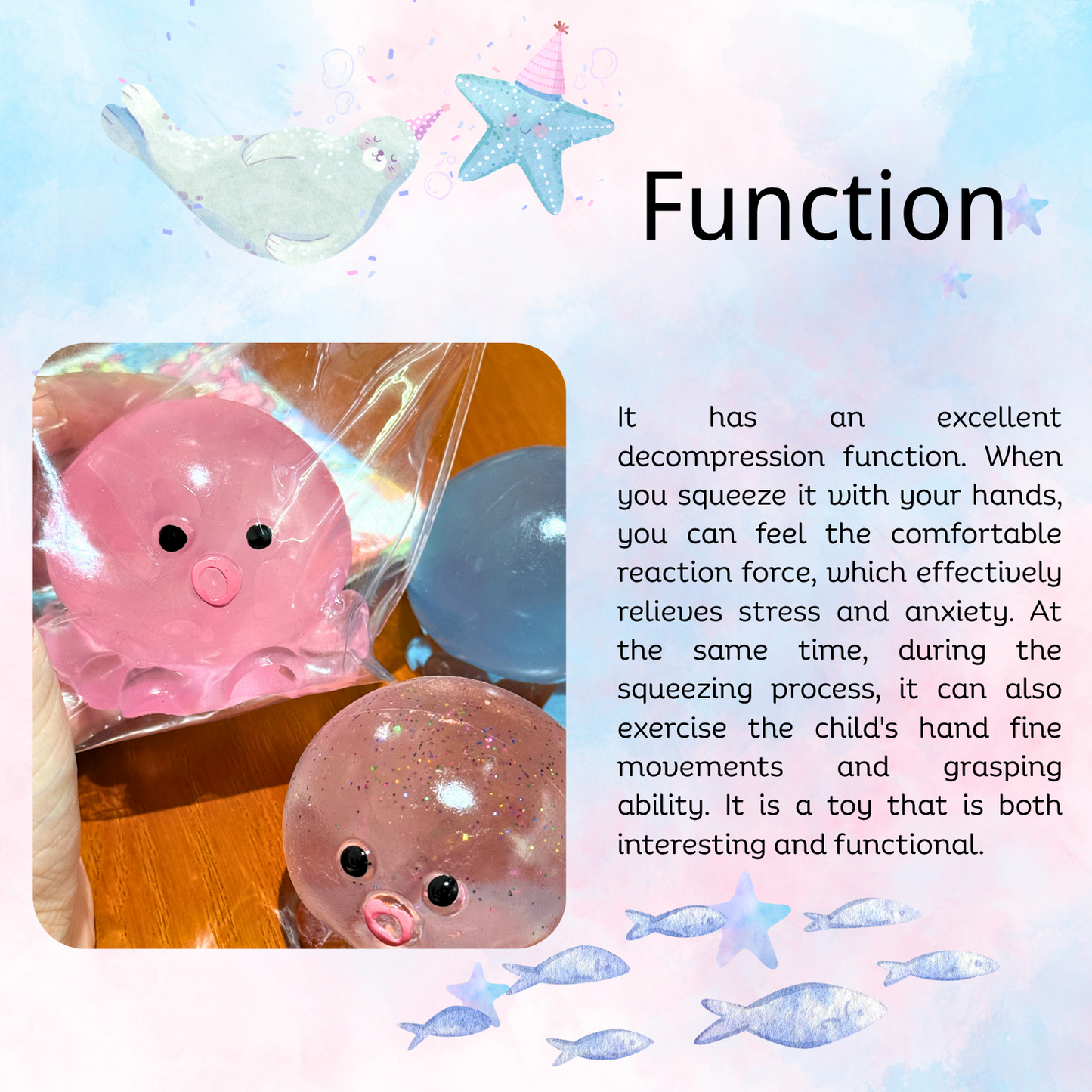 JINGGWW Crystal Octopus Taba Squishy Toy | Sparkling Fidget Sensory Toy for Stress Relief