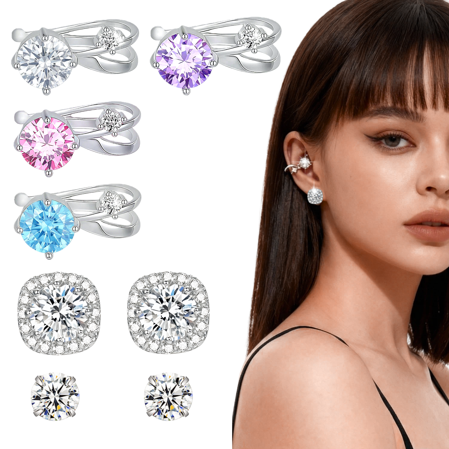 JINGGWW 8Pcs Cubic Zirconia Earrings Set | Hypoallergenic Sterling Silver, Clip-on & Stud