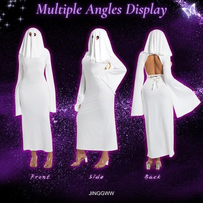Halloween Ghost Costume for Women, Sexy White Ghost Backless Dress