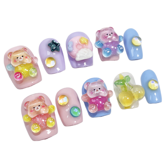 JINGGWW Cute Bear Themed Press On Nails - Pastel Colorful Design with 3D Elements