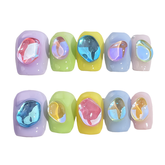 JINGGWW Handmade Press On Nails - Colorful Gemstone Design | 10pcs Set