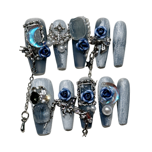 JINGGWW Luxury Long Coffin Press On Nails - Gothic Moon & Rose Design | 10pcs Set
