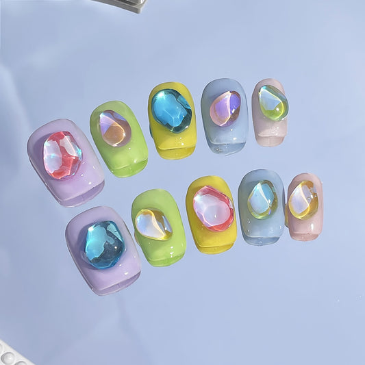JINGGWW Handmade Press On Nails - Colorful Gemstone Design | 10pcs Set
