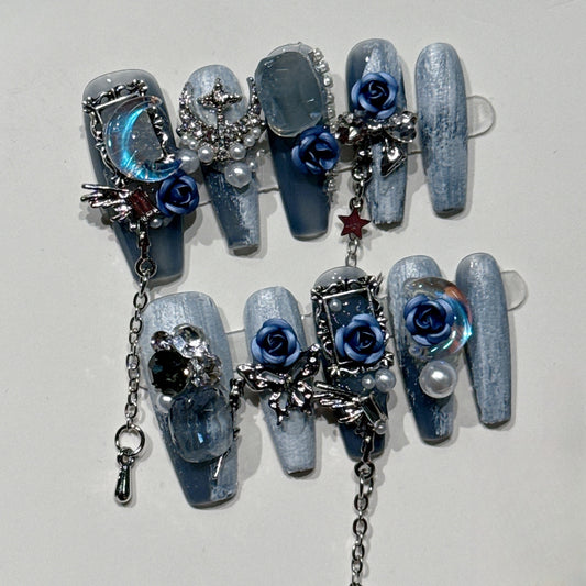 JINGGWW Luxury Long Coffin Press On Nails - Gothic Moon & Rose Design | 10pcs Set