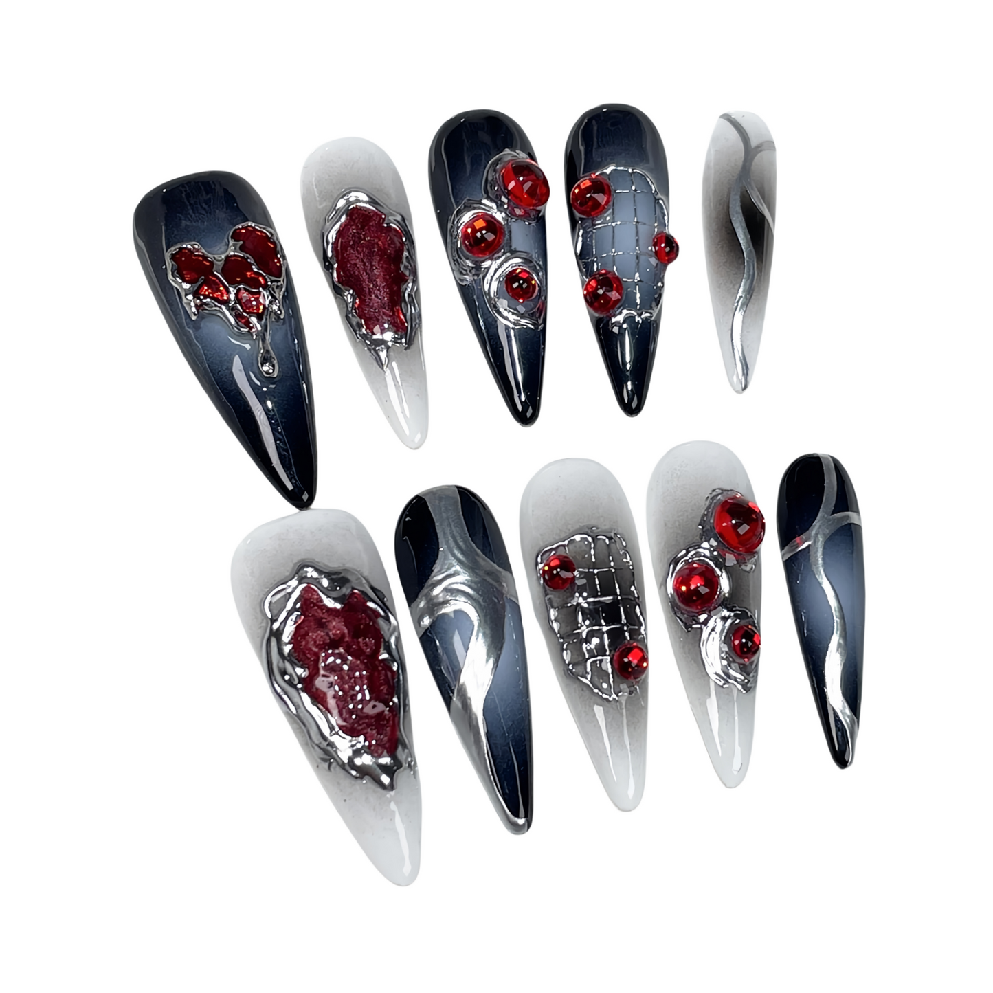 JINGGWW Luxury Long Stiletto Black Silver Red Gemstone Press On Nails - 10pcs