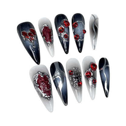 JINGGWW Luxury Long Stiletto Black Silver Red Gemstone Press On Nails - 10pcs