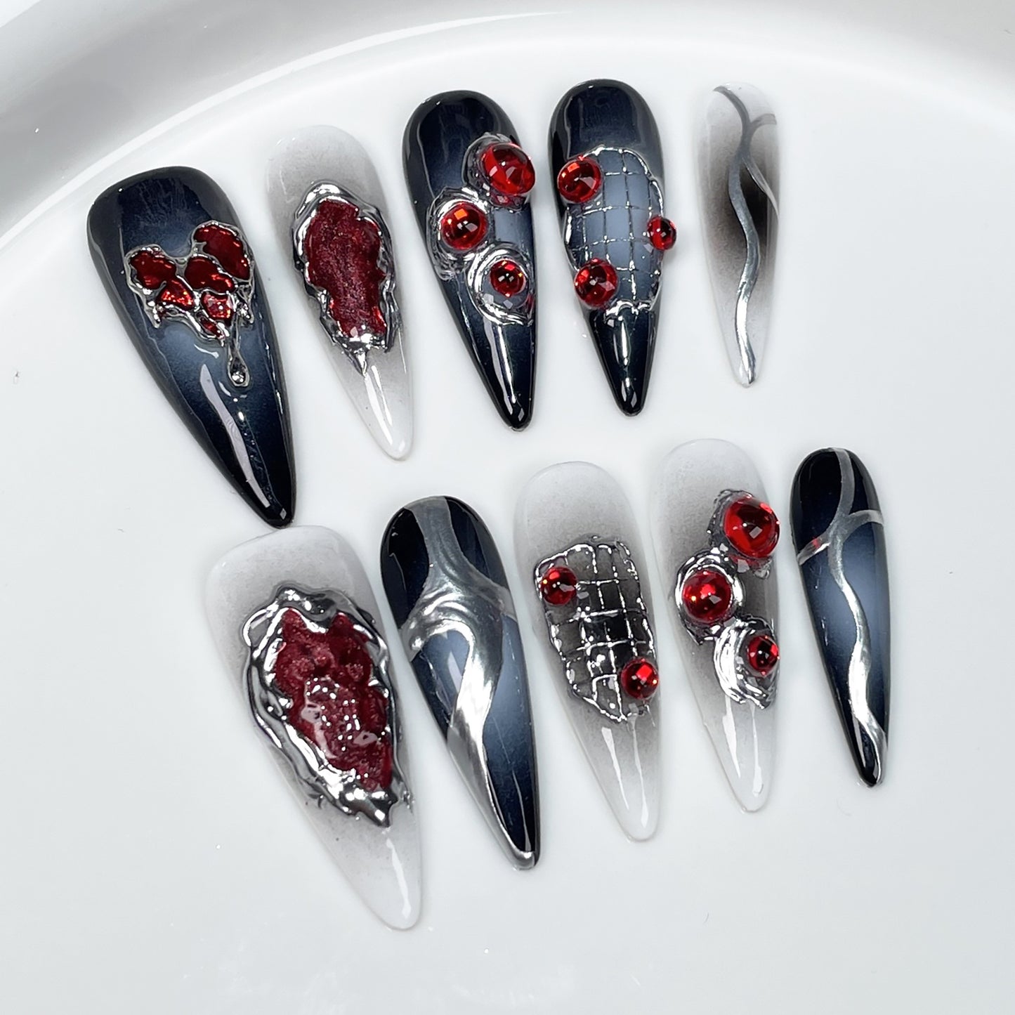 JINGGWW Luxury Long Stiletto Black Silver Red Gemstone Press On Nails - 10pcs