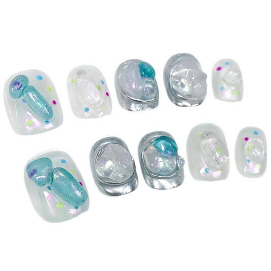 JINGGWW Handcrafted Press On Nails | Sheer Iridescent Set With Aqua Accents